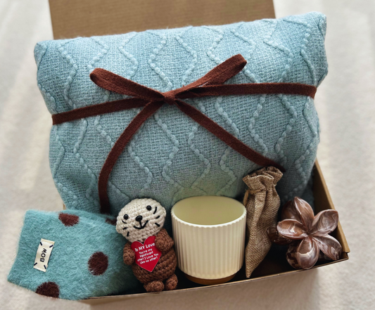 Blue Care Package for Friends & Family with Blue Blanket and Cute Crochet Otter Basketful Gifts