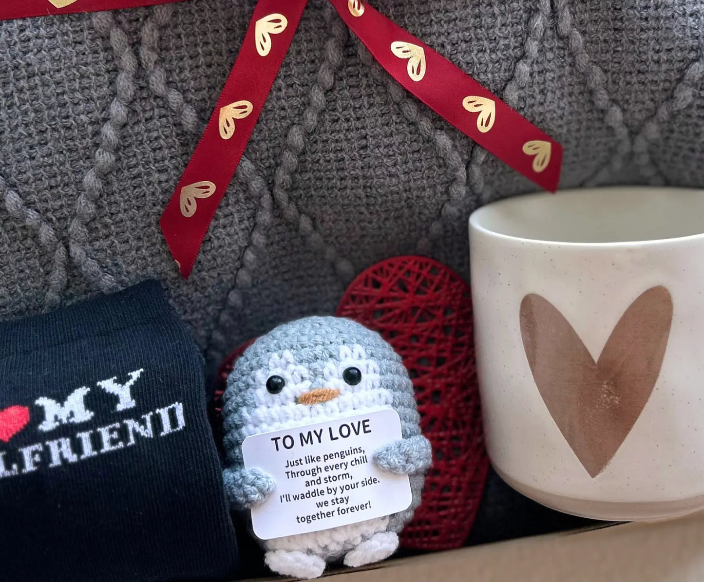Unique Valentines Gifts for Him – Cozy Gray Knit Blanket, Heart Mug & Love Keepsake Basketful Gifts