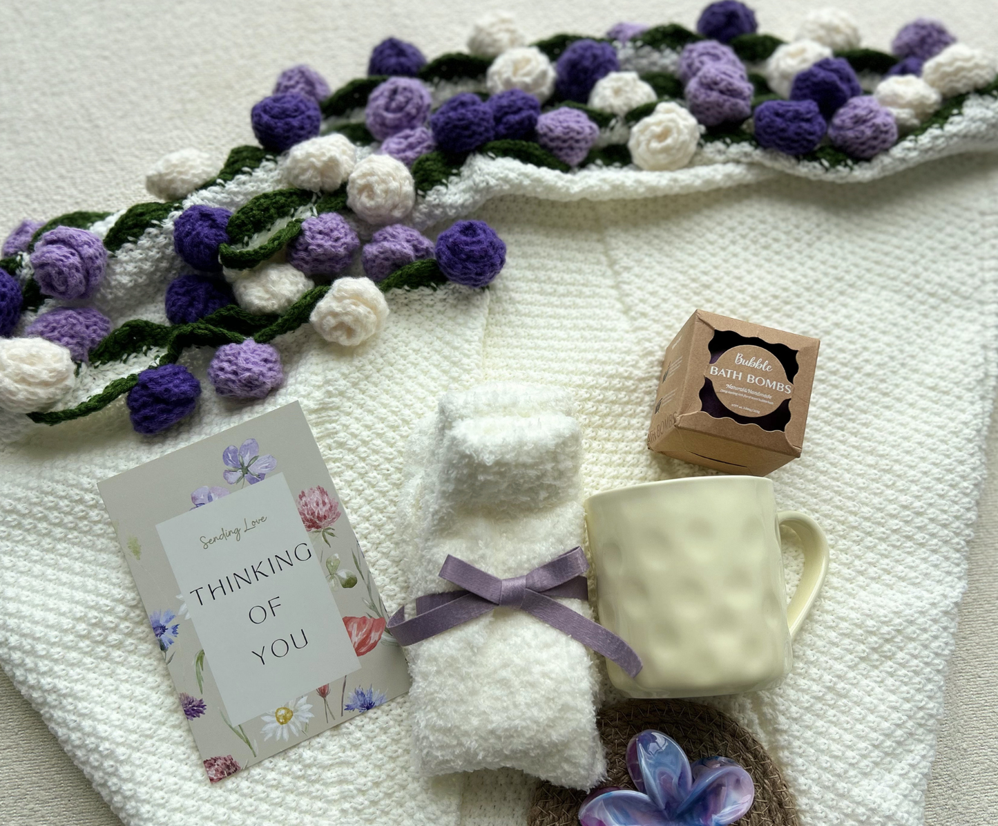 Crochet Flower Blanket Gift Basket Set – Handmade Floral Bouquet with Care Essentials