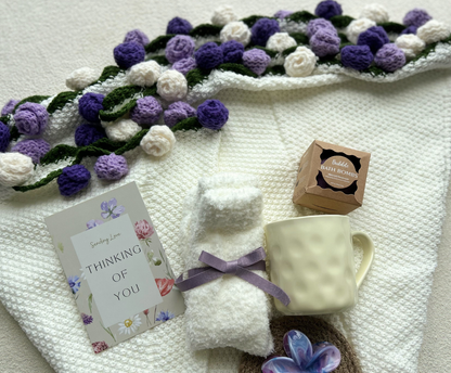 Crochet Flower Blanket Gift Basket Set – Handmade Floral Bouquet with Care Essentials