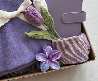 "A Moment for You" Lavender Care Package: Cozy Scarf, Wellness Journal & Everlasting Crochet Flowers Basketful Gifts