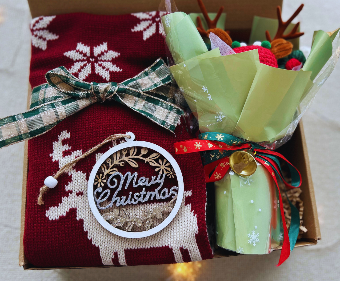 Christmas Gift Baskets with Reindeer Scarf and Crochet Bouquet