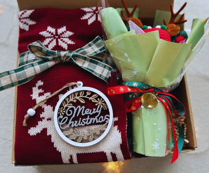Christmas Gift Baskets with Reindeer Scarf and Crochet Bouquet