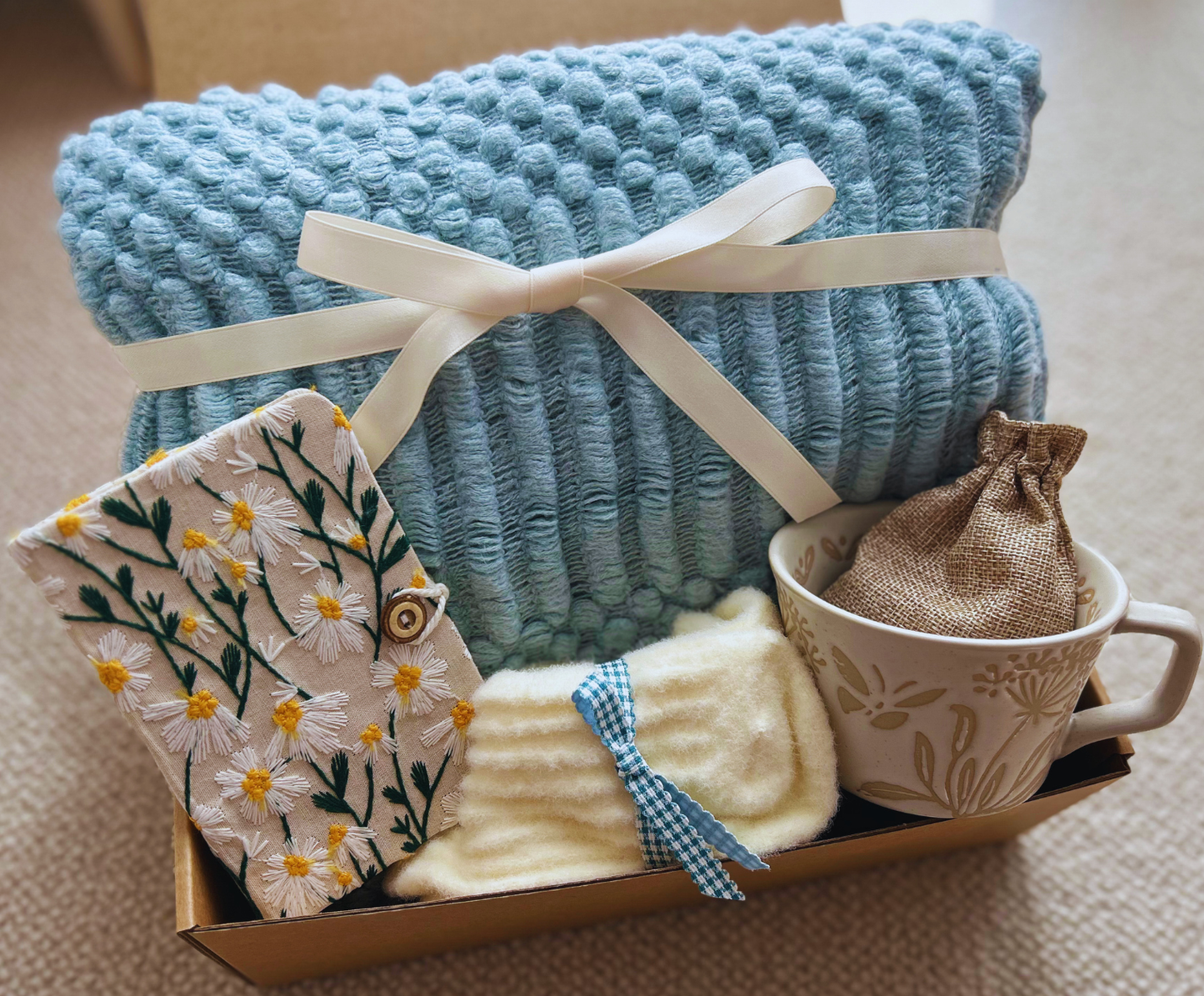 Blue Color Birthday Gift Baskets for Her with Cozy Blanket and Mug Basketful Gifts