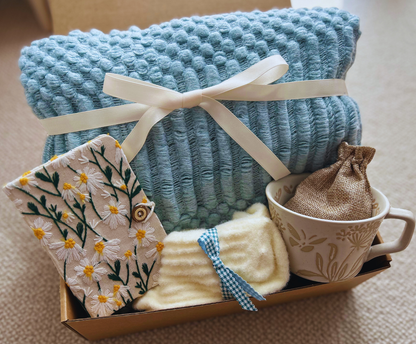 Blue Color Birthday Gift Baskets for Her with Cozy Blanket and Mug Basketful Gifts