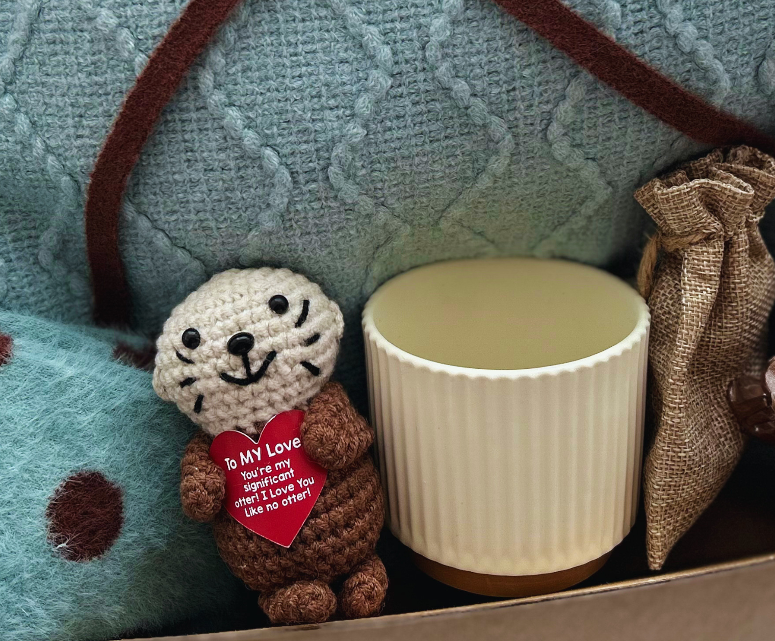 Blue Care Package for Friends & Family with Blue Blanket and Cute Crochet Otter Basketful Gifts