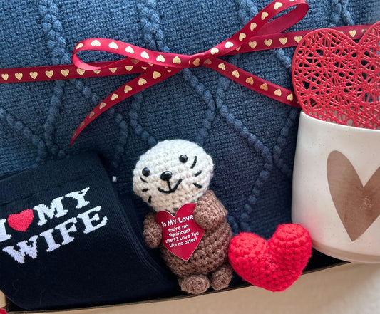 Gift Baskets for Valentine's Day for Him – Navy Blue Knit Blanket, Heart Mug, Love Socks & Keepsake Basketful Gifts