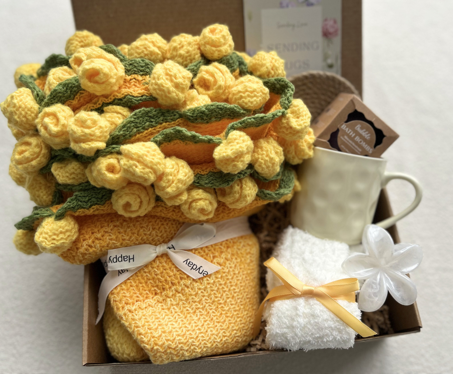 Anniversary Gift Basket with Handmade Crochet Rose Bouquet and Spa Essentials