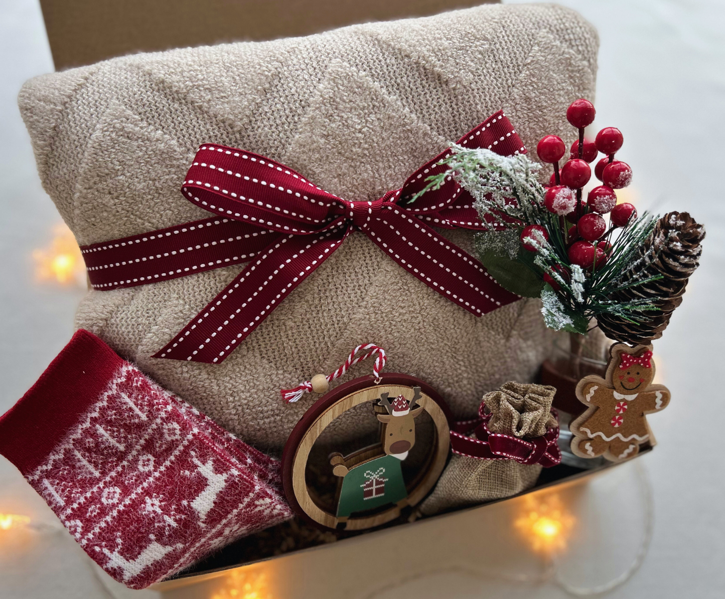 Christmas Gift Baskets for Her with Cozy Blanket and Wool Reindeer Socks