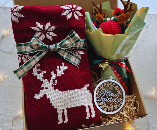 Christmas Gift Baskets with Reindeer Scarf and Crochet Bouquet