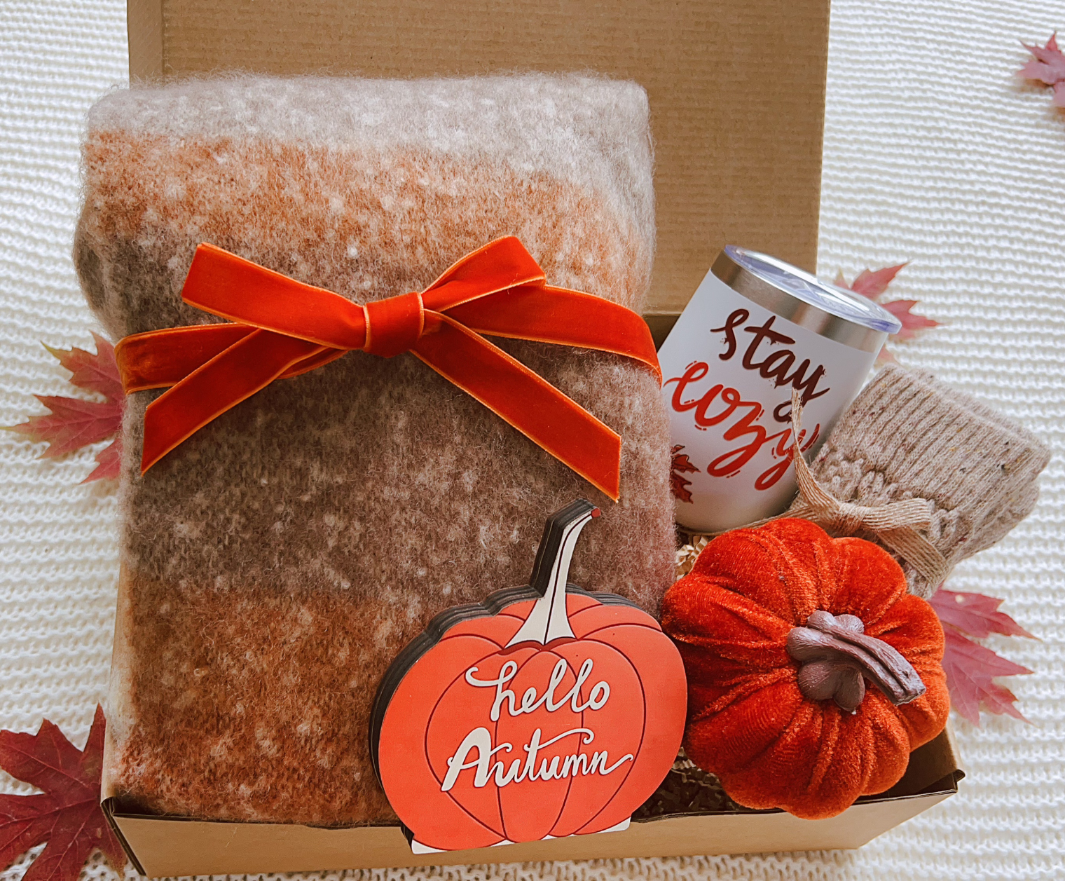 Stay Cozy Fall Gift Basket – Sherpa Blanket, Tumbler & Autumn Decor for Her Basketful Gifts