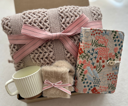 Happy Birthday Gift Basket for Her with Aesthetic Knit Blanket and Cute Crochet Birthday Cake Toy Basketful Gifts