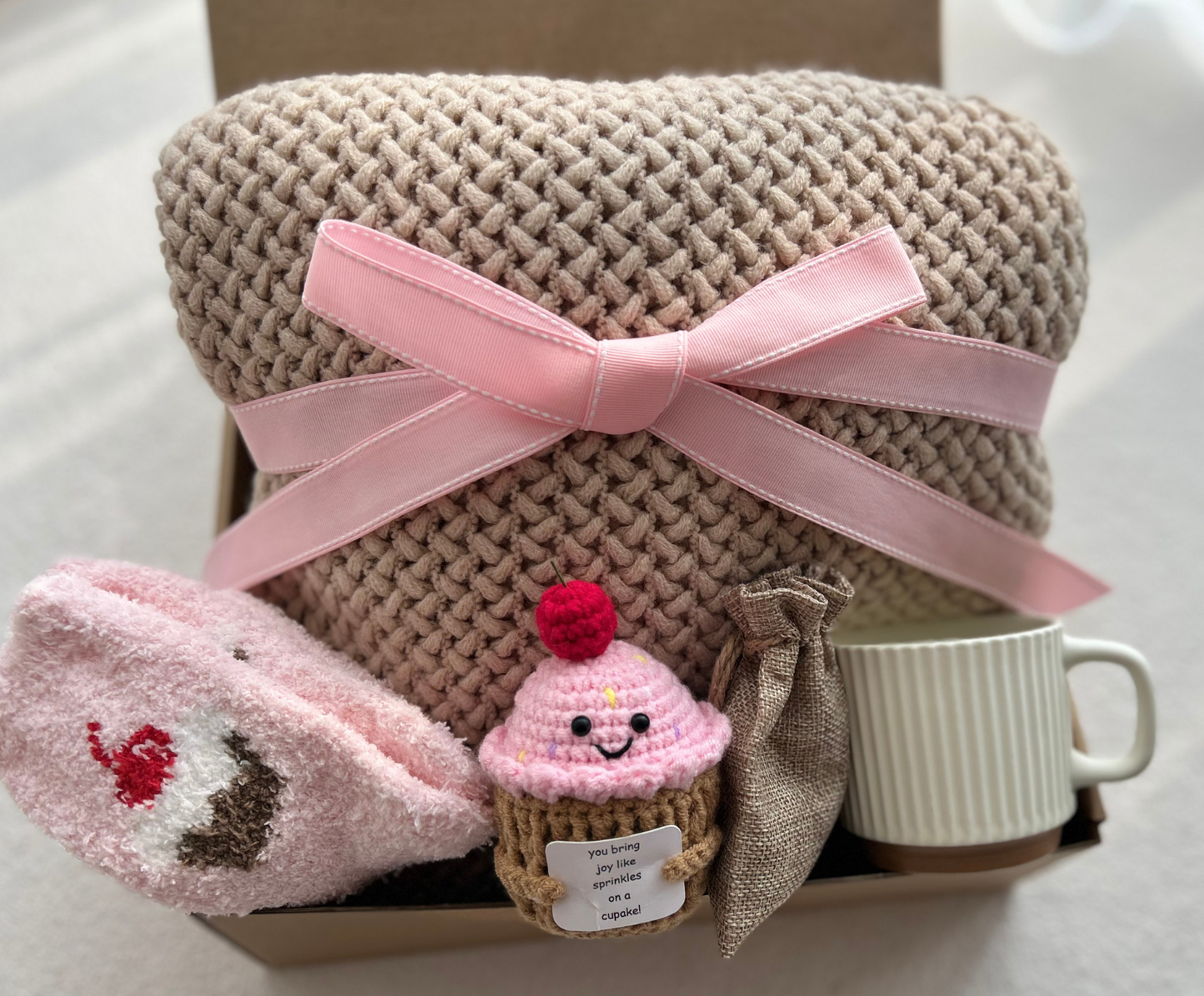 Pink Gift Basket for Her with Aesthetic Knit Blanket and Cute Crochet Cupcake Basketful Gifts