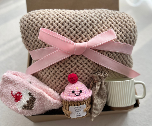 Pink Gift Basket for Her with Aesthetic Knit Blanket and Cute Crochet Cupcake Basketful Gifts