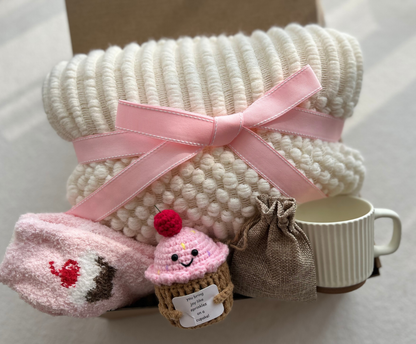 Pink Gift Basket for Her with Aesthetic Knit Blanket and Cute Crochet Cupcake Basketful Gifts