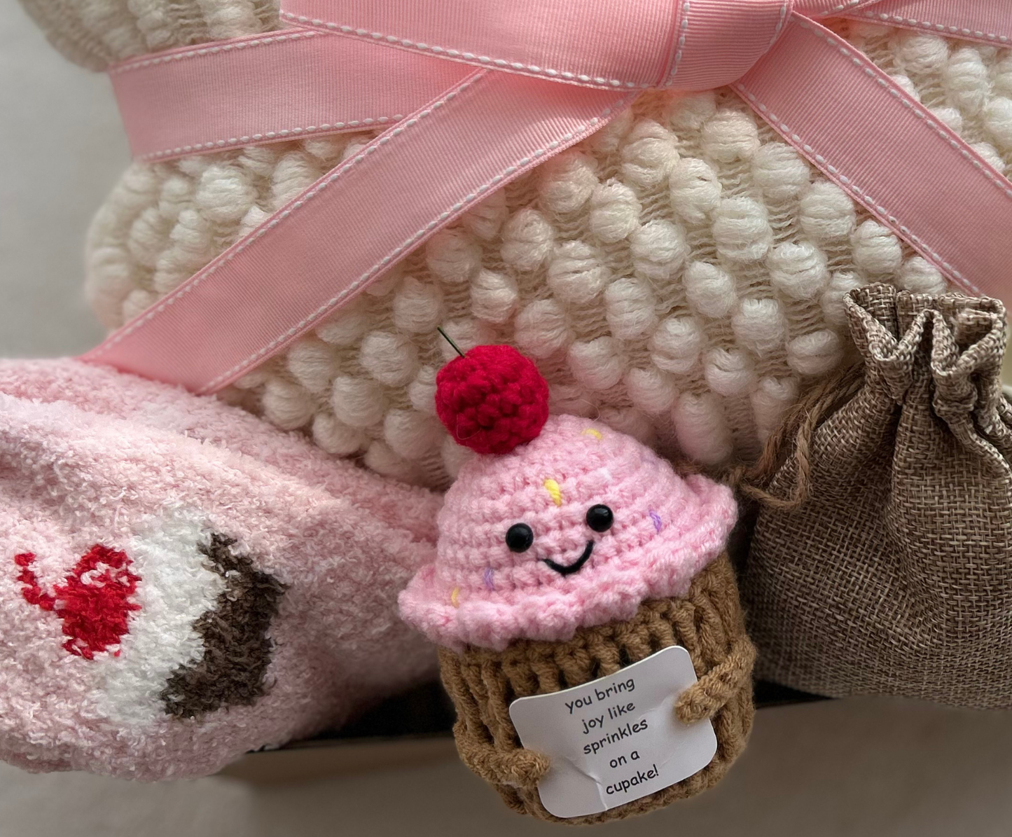 Pink Gift Basket for Her with Aesthetic Knit Blanket and Cute Crochet Cupcake Basketful Gifts