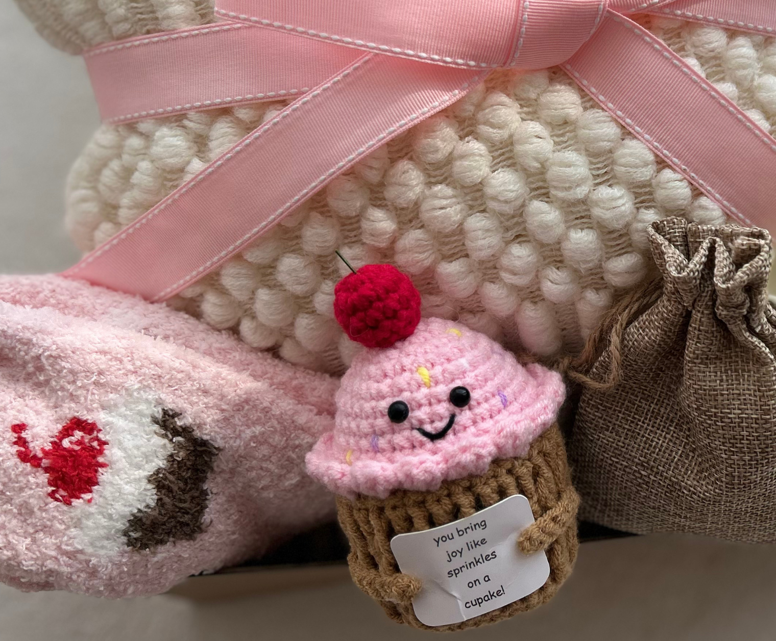 Pink Gift Basket for Her with Aesthetic Knit Blanket and Cute Crochet Cupcake Basketful Gifts