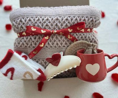 Cozy Valentine’s Day Gift Box for Her – Knit Blanket, Heart Socks & Keepsake Mug Basketful Gifts
