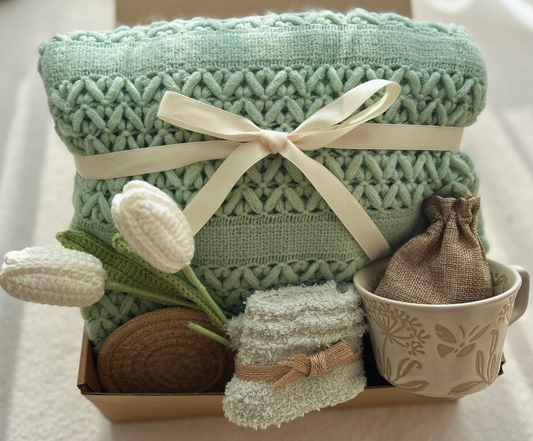 Sage Green Aesthetic Gift Basket for Women with Soft Throw and Crochet Tulips Basketful Gifts