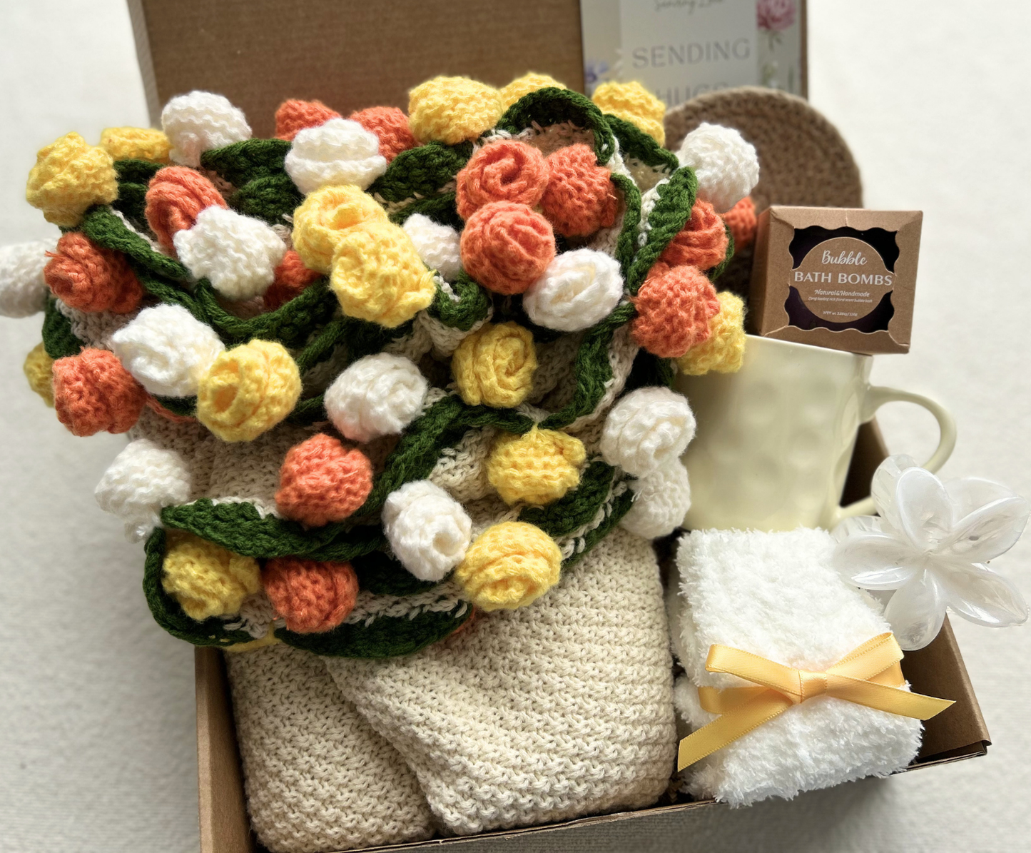 Crochet Flower Blanket Gift Basket Set – Handmade Floral Bouquet with Care Essentials