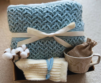 Birthday Baskets with Blue Boho Blanket and Mug Basketful Gifts