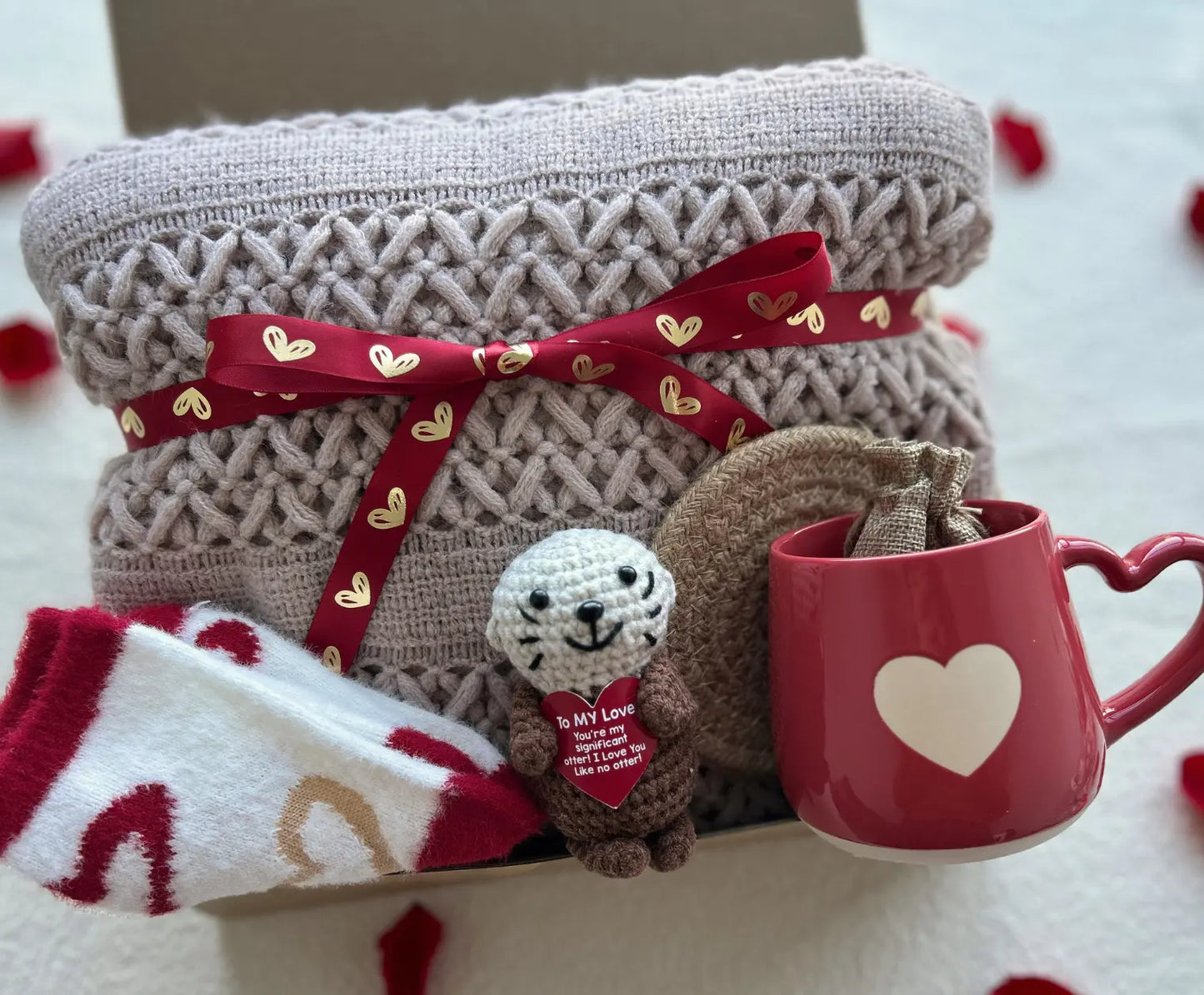 Cozy Valentine’s Day Gift Box for Her – Knit Blanket, Heart Socks & Keepsake Mug Basketful Gifts