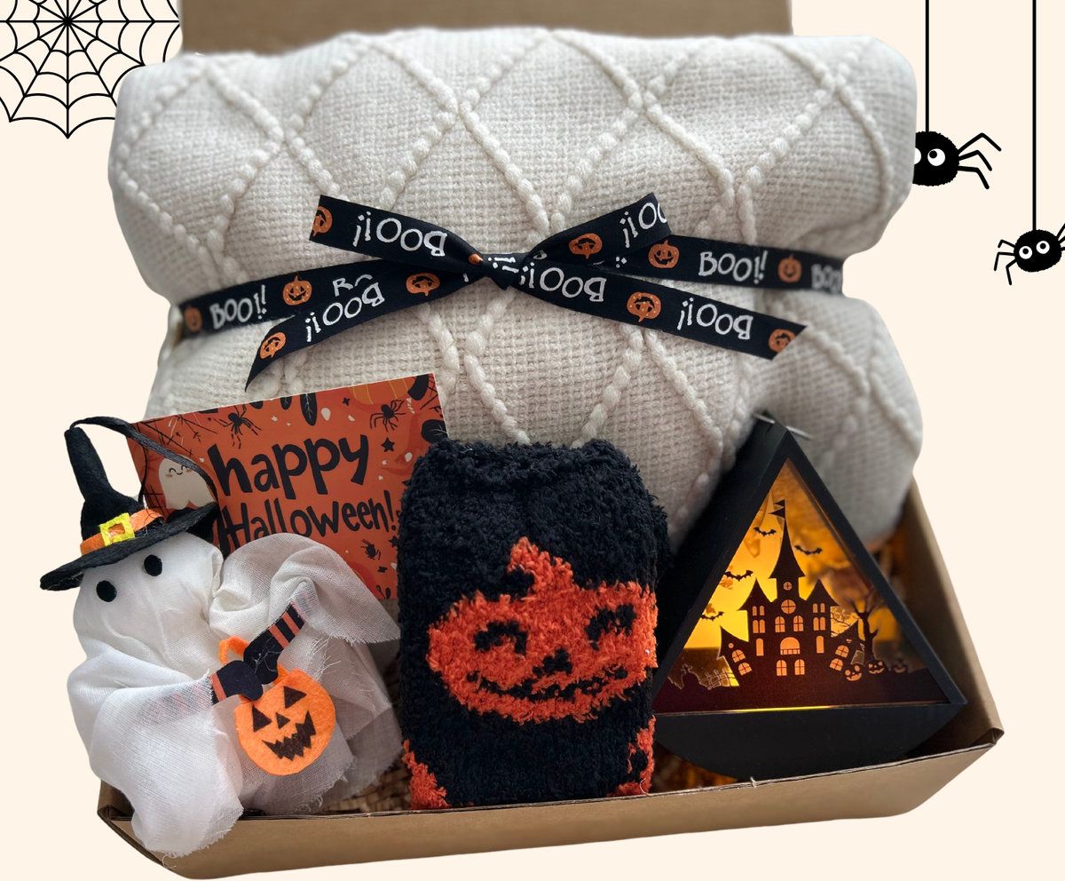 Halloween Boo Blanket Basket with Ghost & Pumpkin Socks Basketful Gifts