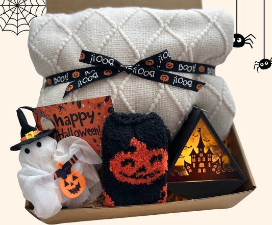 Halloween Boo Blanket Basket with Ghost & Pumpkin Socks Basketful Gifts