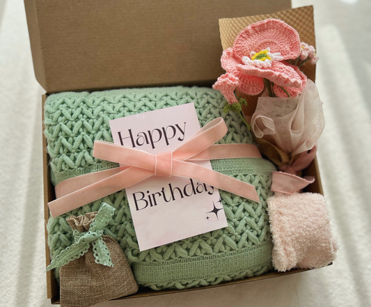 Birthday Gift for Her- Sage Green Cozy Blanket & Everlasting Crochet Bloom Basketful Gifts