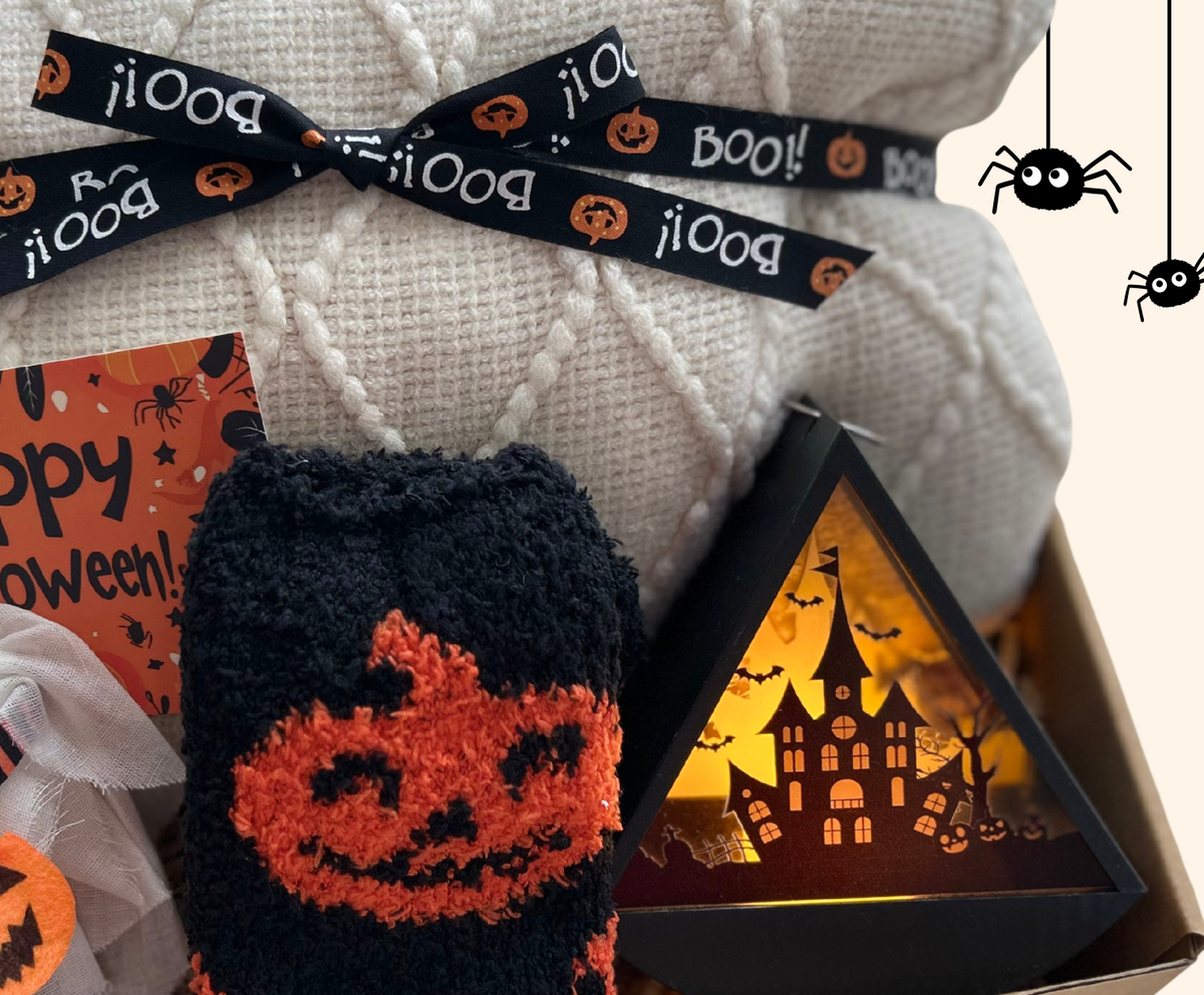 Halloween Boo Blanket Basket with Ghost & Pumpkin Socks Basketful Gifts