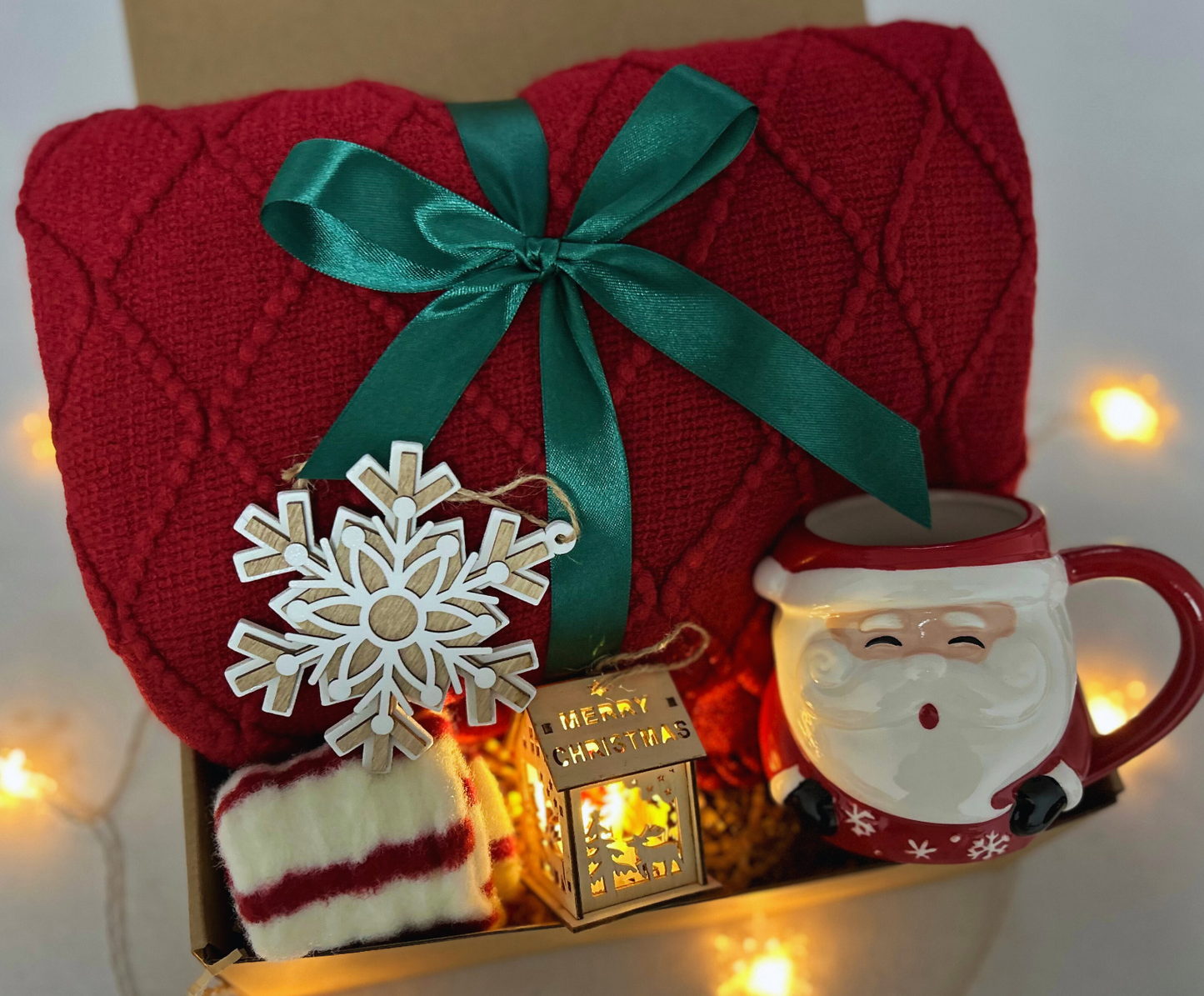 Christmas Gift Baskets for Her with Burgundy Cozy Blanket and Festive Santa Mug
