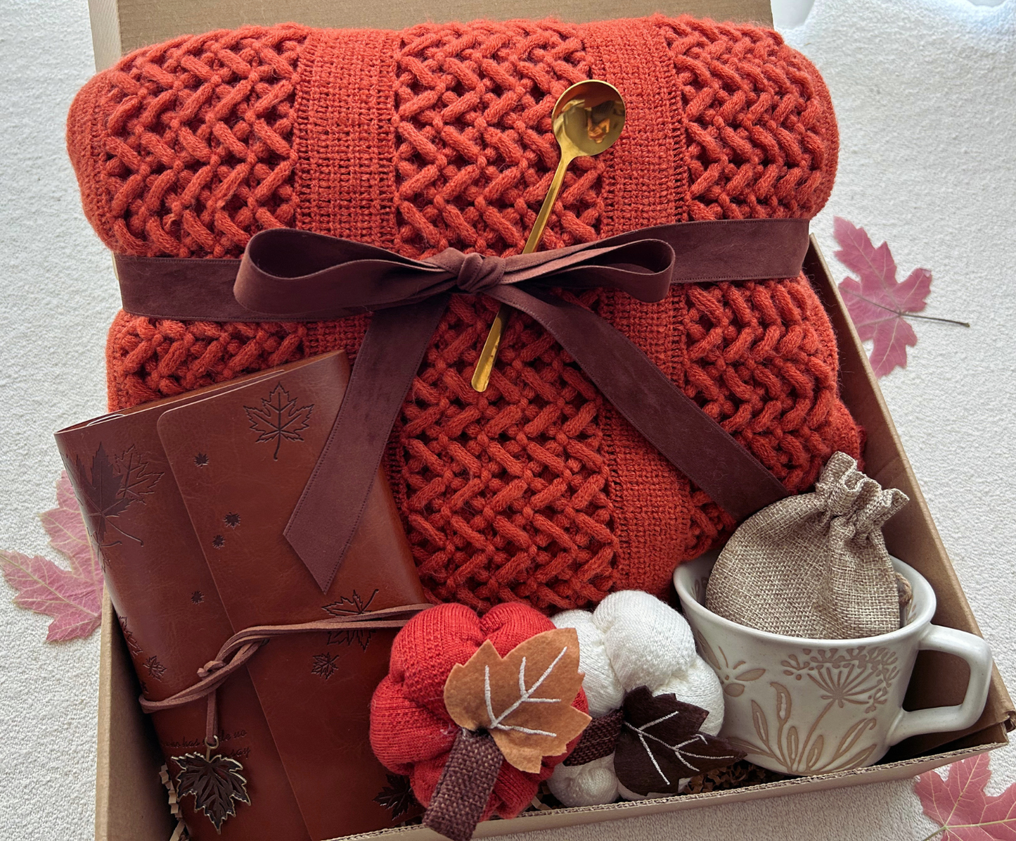 Cozy Fall Gift Basket with Blanket and Pumpkin,Boho Aesthetic Gift Basket for Women