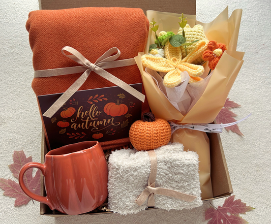 Autumn Cozy Care Package with Burnt Orange Wrap Crochet Bouquet