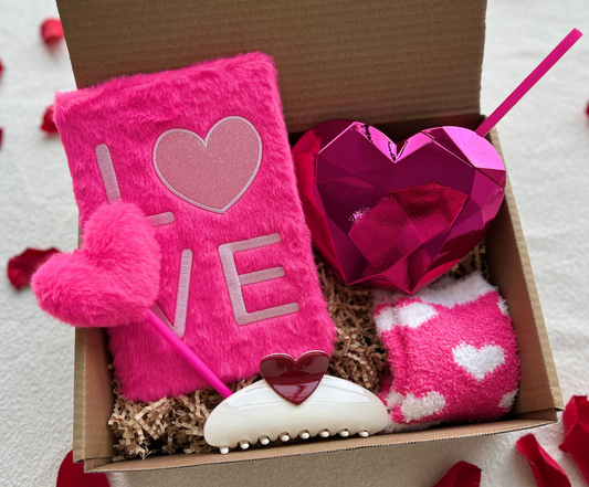 Valentines Gifts for Daughter – Pink LOVE Notebook, Heart Tumbler, Socks & Cute Accessories Basketful Gifts
