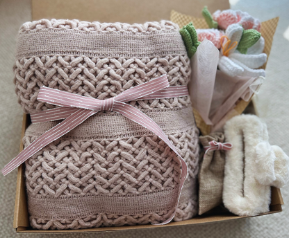 Self Care Basket for Her - With Boho Knit Cozy Blanket and Pink Peony Crochet Bouquet Basketful Gifts