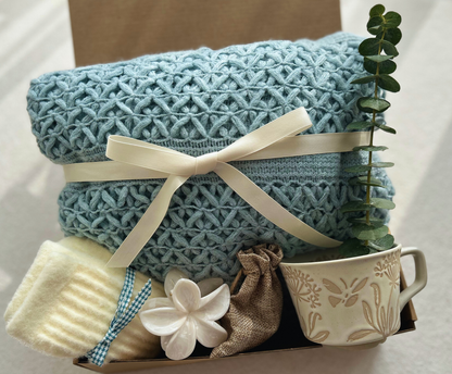 Care Package for Friends and Family With Blue Blanket and Cozy Socks Basketful Gifts