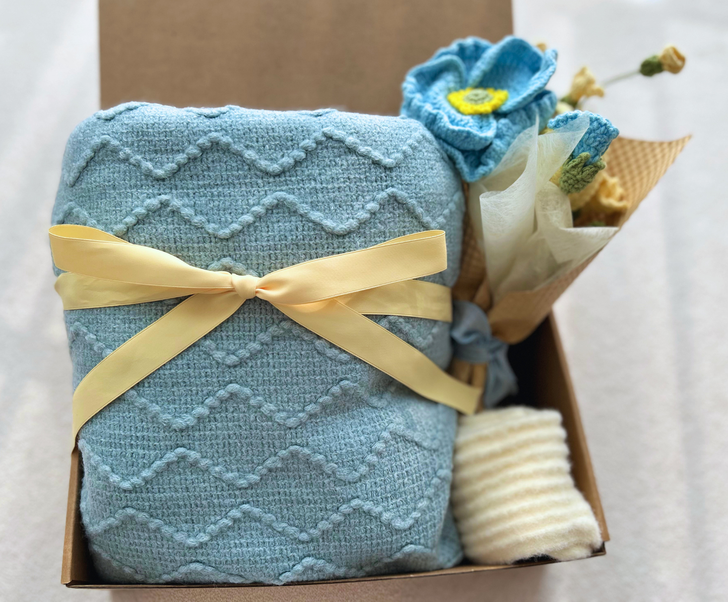 Birthday Gift Basket for Her with Blue Cozy Blanket and Crochet Bouquet ( Blue Poppy) Basketful Gifts