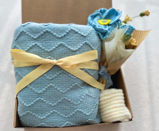 Birthday Gift Basket for Her with Blue Cozy Blanket and Crochet Bouquet ( Blue Poppy) Basketful Gifts