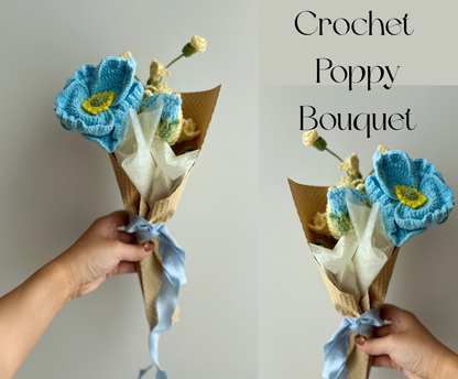 Birthday Gift Basket for Her with Blue Cozy Blanket and Crochet Bouquet ( Blue Poppy) Basketful Gifts