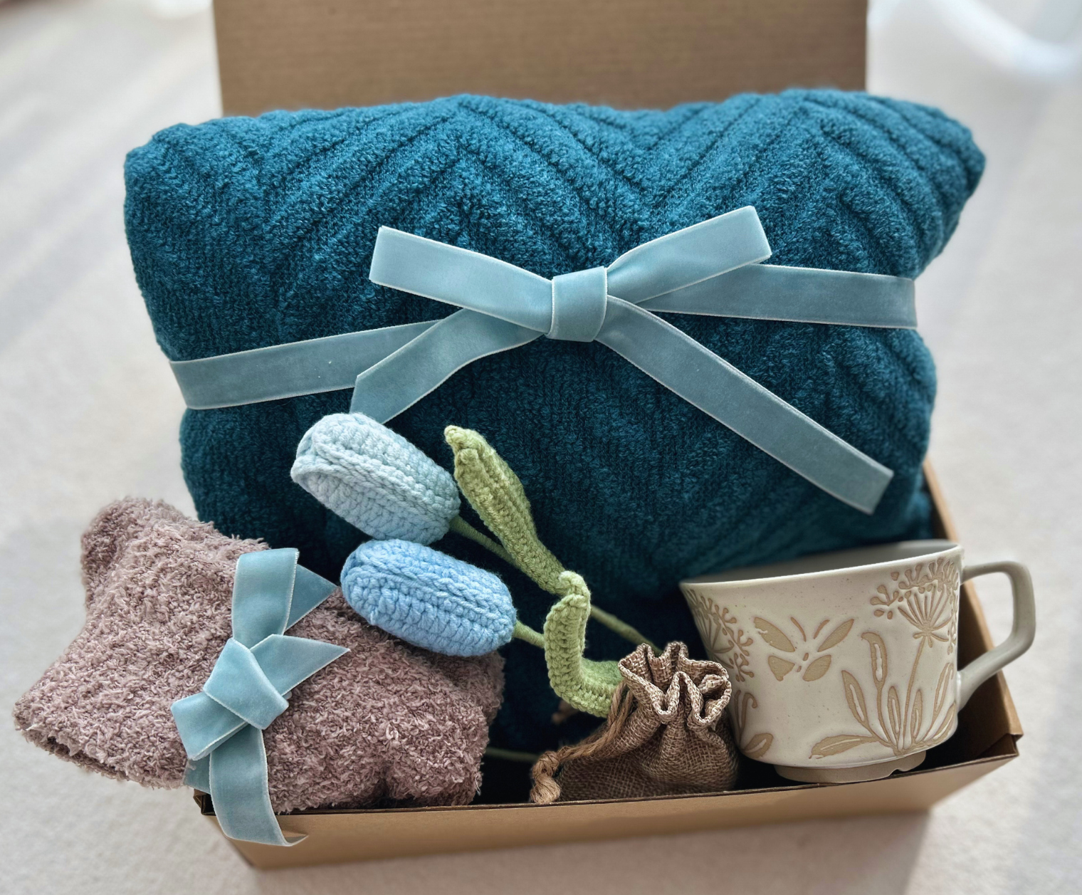Dark Blue Care Package for Women with Crochect Tulip and Cozy Blanket Basketful Gifts