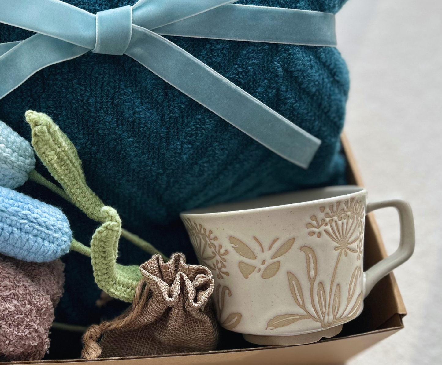 Dark Blue Care Package for Women with Crochect Tulip and Cozy Blanket Basketful Gifts