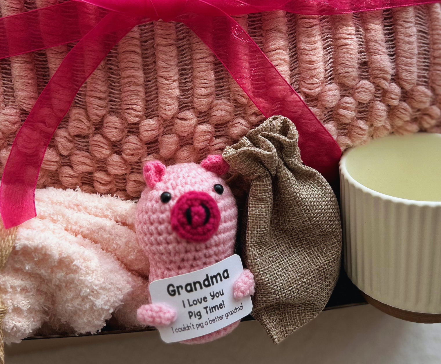Gift Basket for Grandma with Pink Blanket and Cute Emotional Support Crochet Pig Basketful Gifts