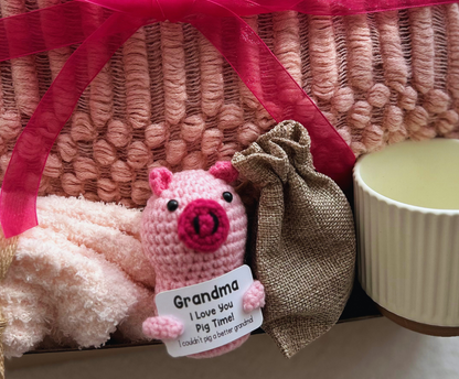 Gift Basket for Grandma with Pink Blanket and Cute Emotional Support Crochet Pig Basketful Gifts