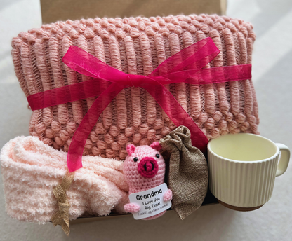 Gift Basket for Grandma with Pink Blanket and Cute Emotional Support Crochet Pig Basketful Gifts