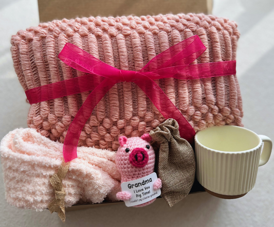 Gift Basket for Grandma with Pink Blanket and Cute Emotional Support Crochet Pig Basketful Gifts