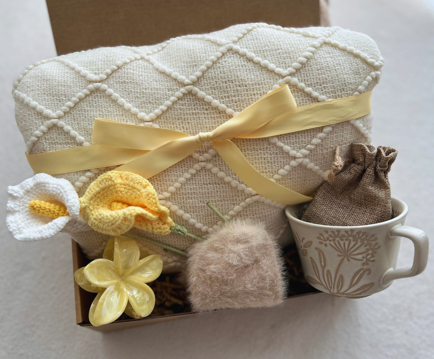 Care Package for Bestie & Family with Crochet Calla Lilly and Cozy Blanket Basketful Gifts