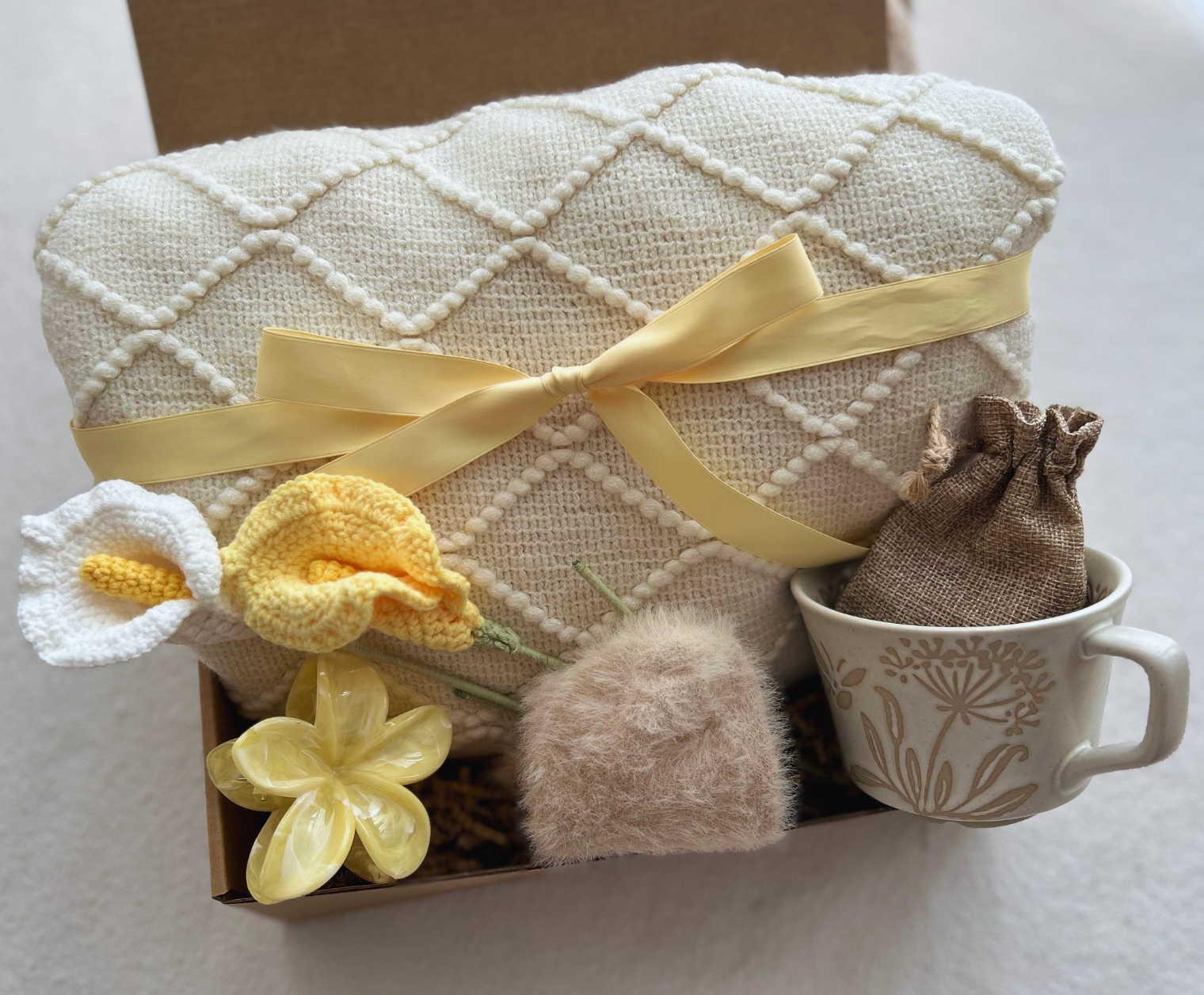Care Package for Bestie & Family with Crochet Calla Lilly and Cozy Blanket Basketful Gifts