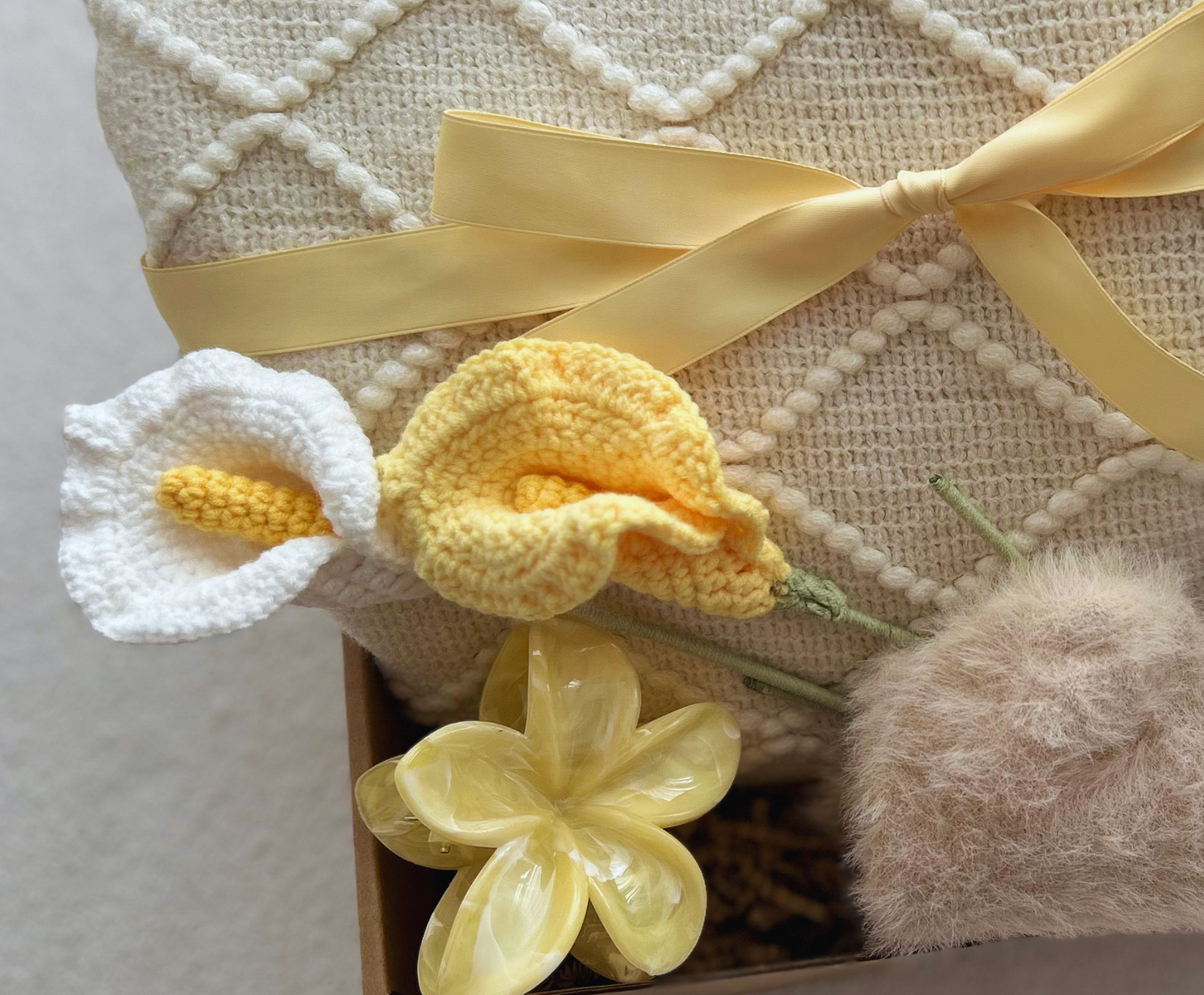 Care Package for Bestie & Family with Crochet Calla Lilly and Cozy Blanket Basketful Gifts