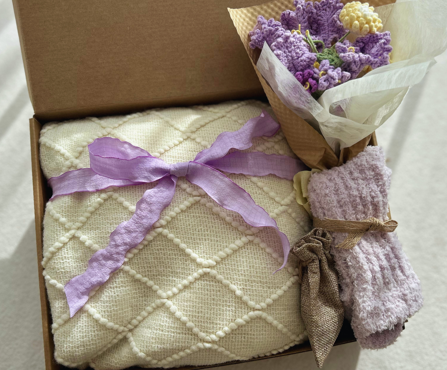 Sunshine & Lavender Joy Gift Box: Yellow Knit Blanket, Purple Crochet Bouquet & Cozy Socks Basketful Gifts