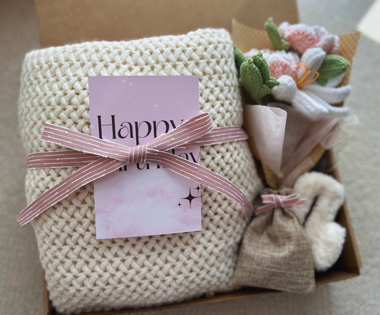 Birthday Gift Baskets for Her-with Cozy Blanket and Crochet Flower Bouquet Basketful Gifts